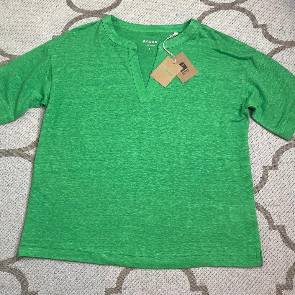 Boden Green European Flax Linen Notch Neck Henley Top 100% Linen NWT Small T1584